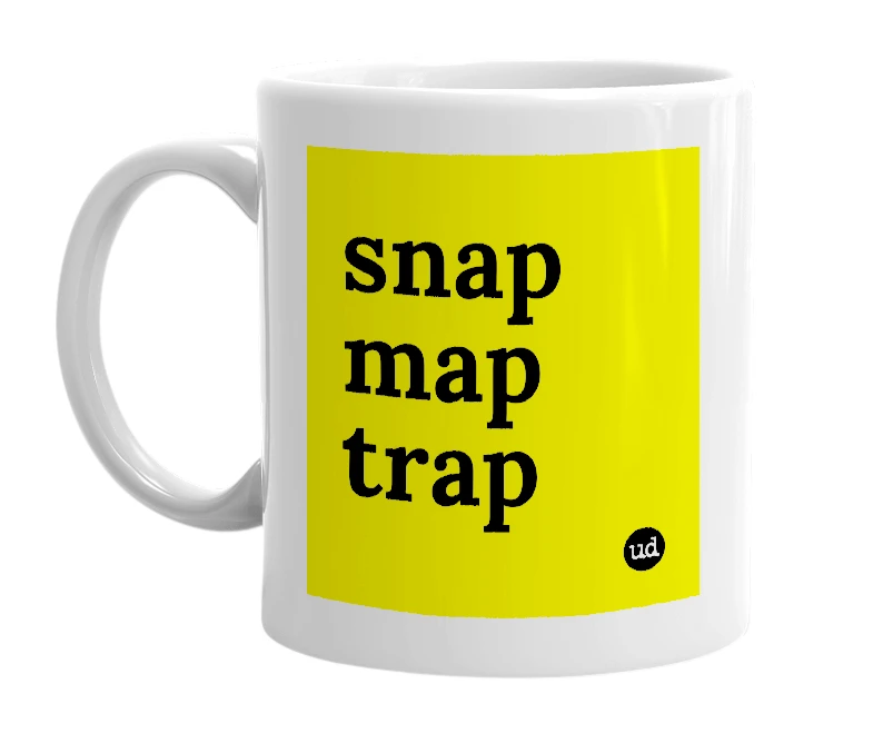White mug with 'snap map trap' in bold black letters