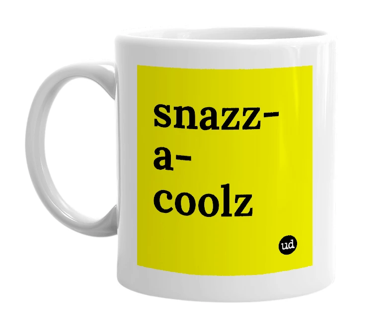 White mug with 'snazz-a-coolz' in bold black letters