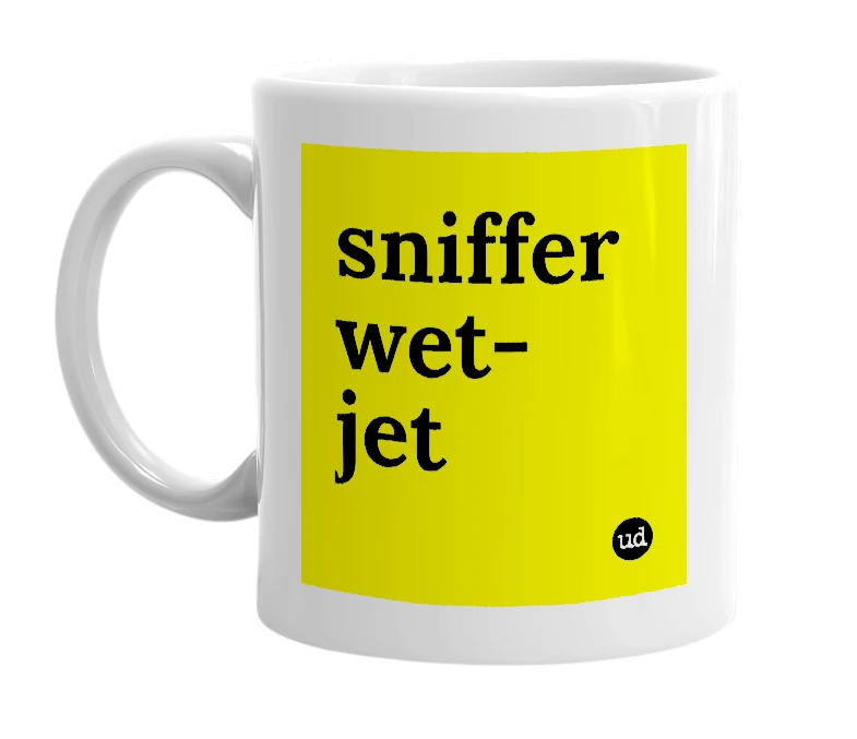 White mug with 'sniffer wet-jet' in bold black letters