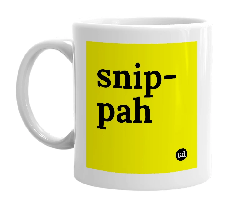 White mug with 'snip-pah' in bold black letters