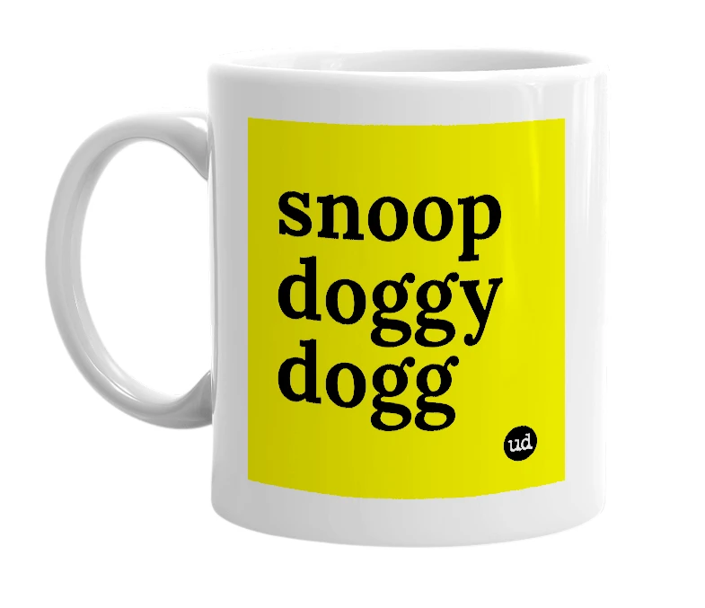 White mug with 'snoop doggy dogg' in bold black letters