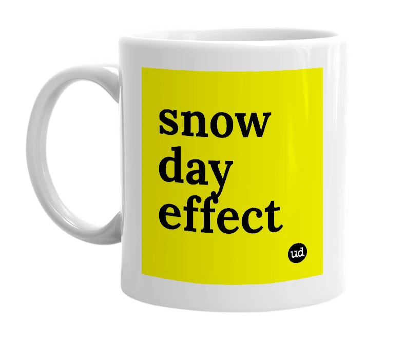 White mug with 'snow day effect' in bold black letters