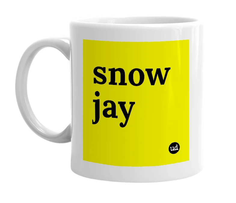 White mug with 'snow jay' in bold black letters