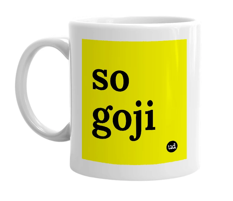 White mug with 'so goji' in bold black letters