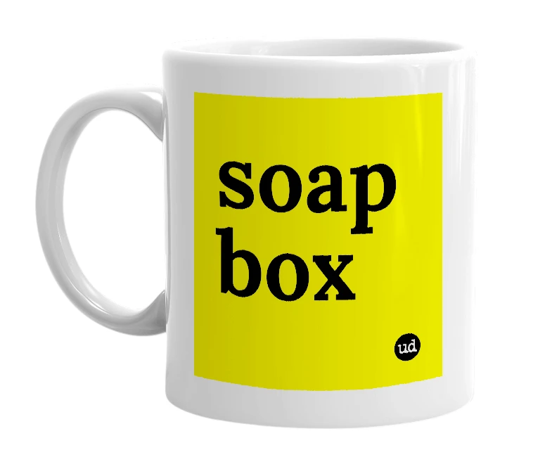 White mug with 'soap box' in bold black letters