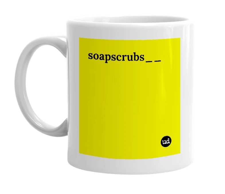 White mug with 'soapscrubs__' in bold black letters