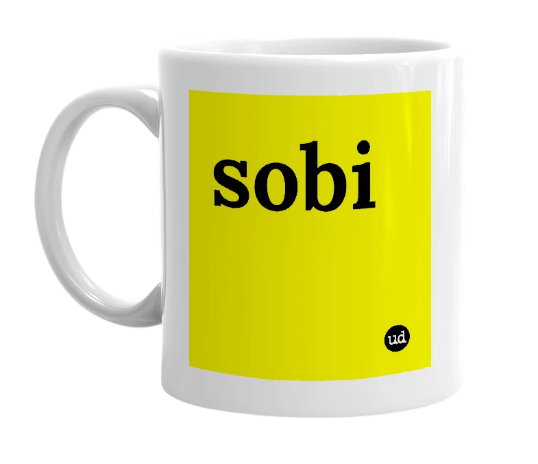 White mug with 'sobi' in bold black letters