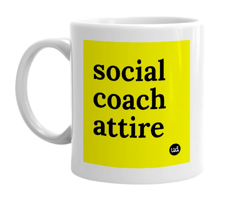 White mug with 'social coach attire' in bold black letters