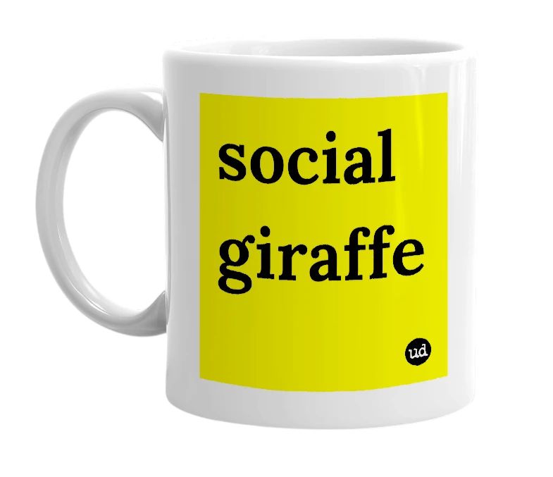 White mug with 'social giraffe' in bold black letters