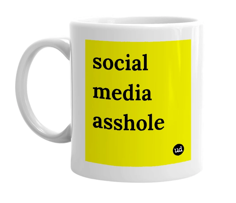 White mug with 'social media asshole' in bold black letters