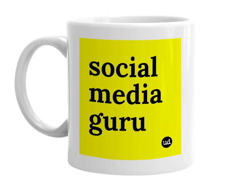 White mug with 'social media guru' in bold black letters
