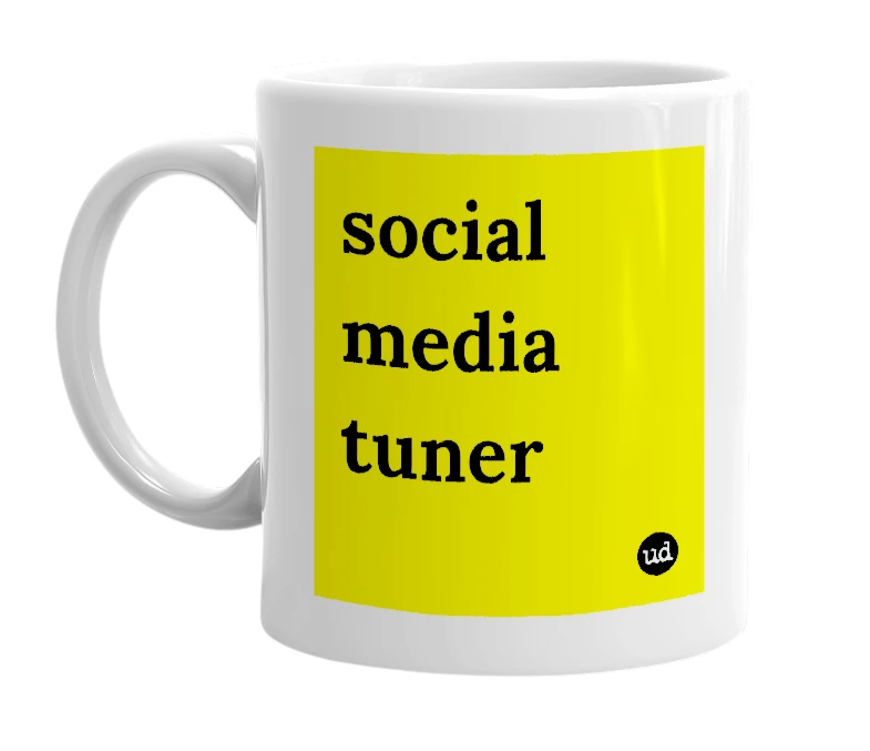 White mug with 'social media tuner' in bold black letters