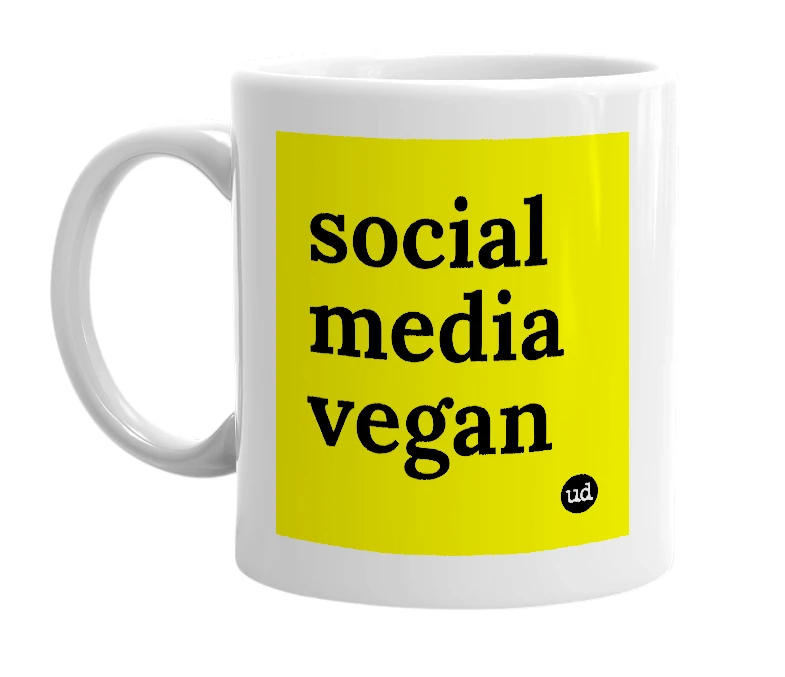 White mug with 'social media vegan' in bold black letters