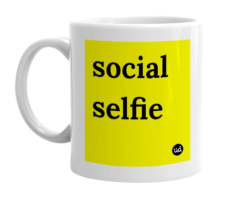 White mug with 'social selfie' in bold black letters
