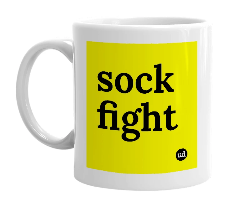 White mug with 'sock fight' in bold black letters