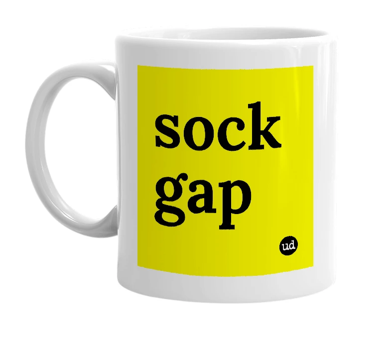White mug with 'sock gap' in bold black letters