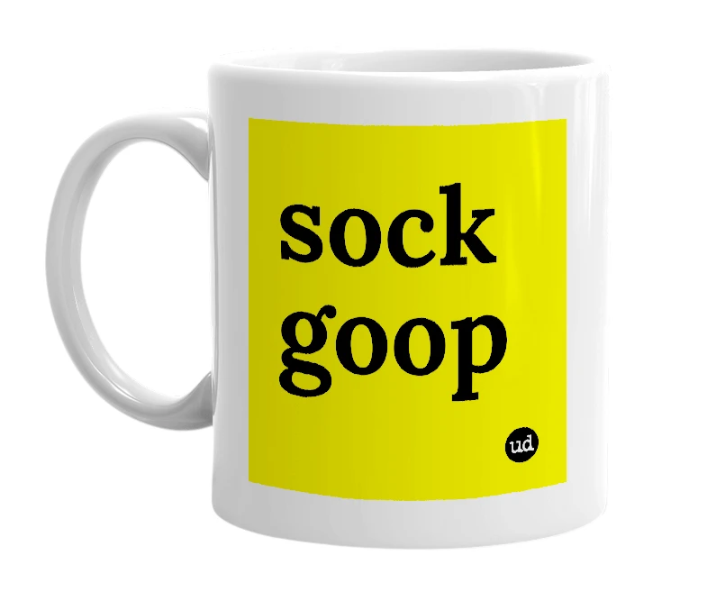 White mug with 'sock goop' in bold black letters