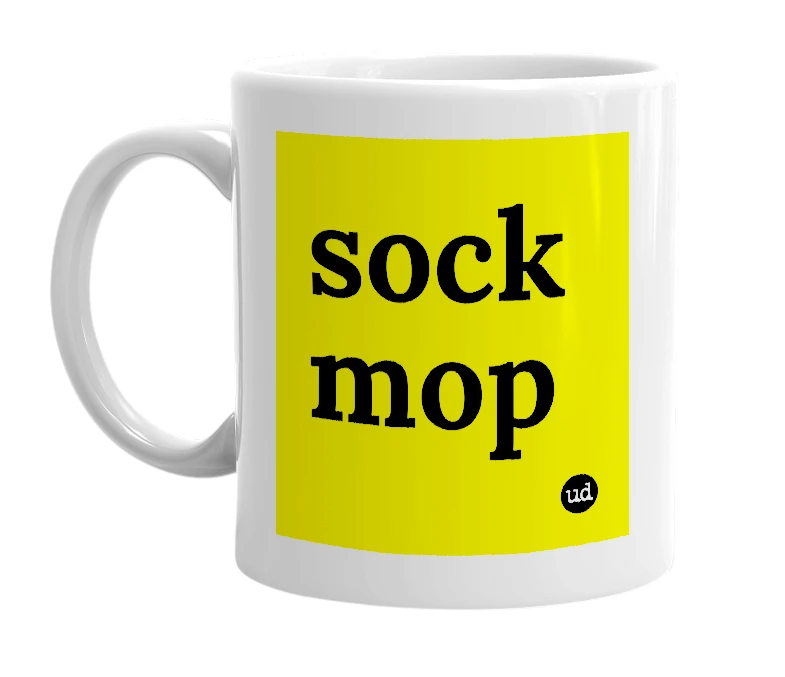 White mug with 'sock mop' in bold black letters