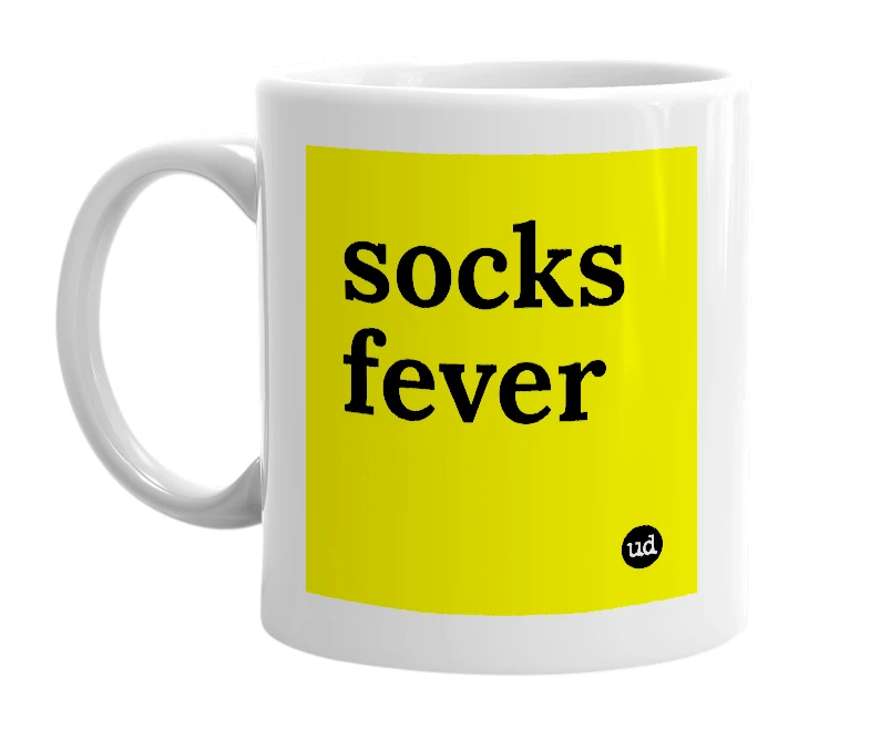 White mug with 'socks fever' in bold black letters