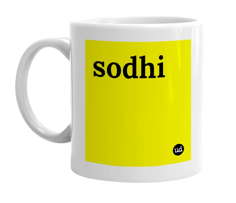 White mug with 'sodhi' in bold black letters
