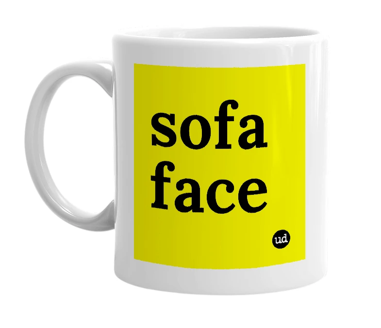 White mug with 'sofa face' in bold black letters
