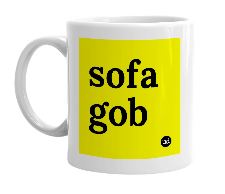 White mug with 'sofa gob' in bold black letters