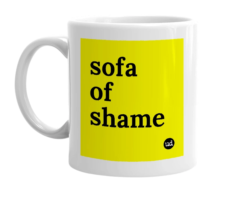 White mug with 'sofa of shame' in bold black letters
