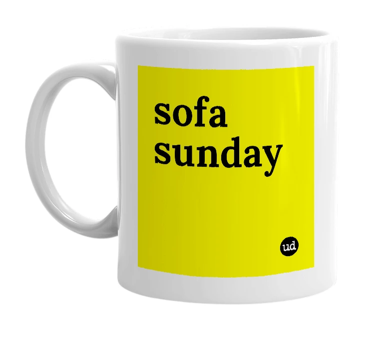 White mug with 'sofa sunday' in bold black letters