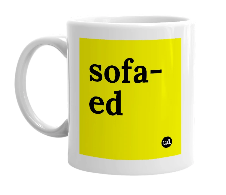 White mug with 'sofa-ed' in bold black letters