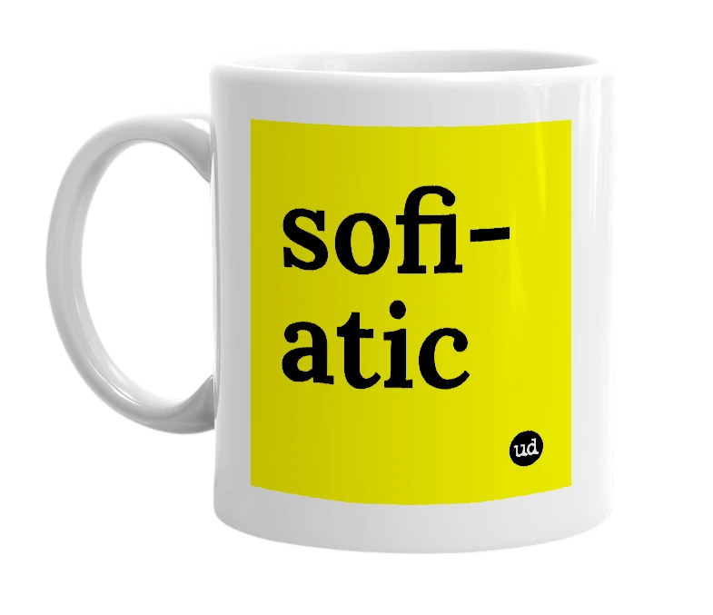 White mug with 'sofi-atic' in bold black letters