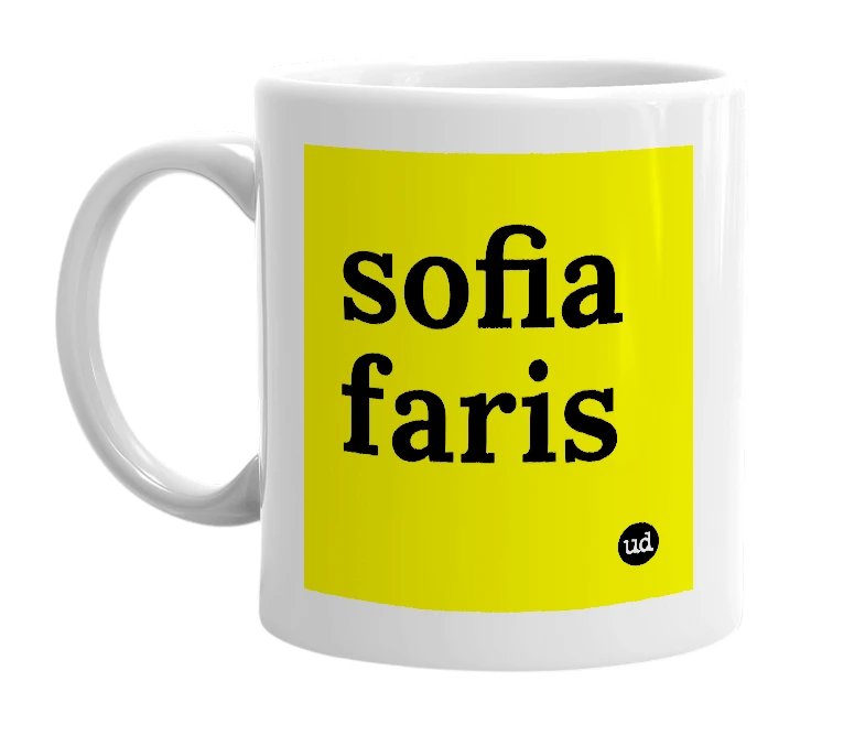 White mug with 'sofia faris' in bold black letters