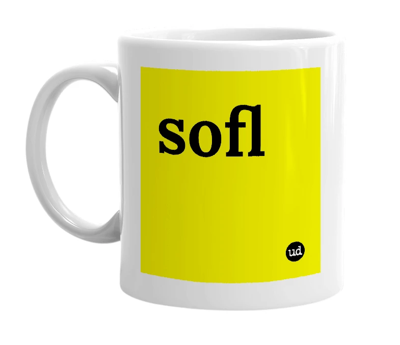 White mug with 'sofl' in bold black letters