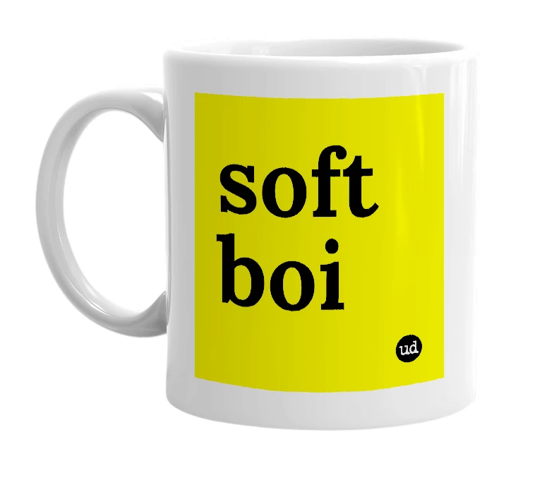 White mug with 'soft boi' in bold black letters