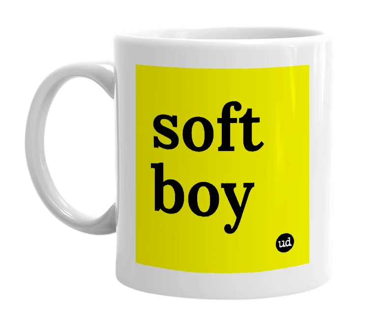 White mug with 'soft boy' in bold black letters