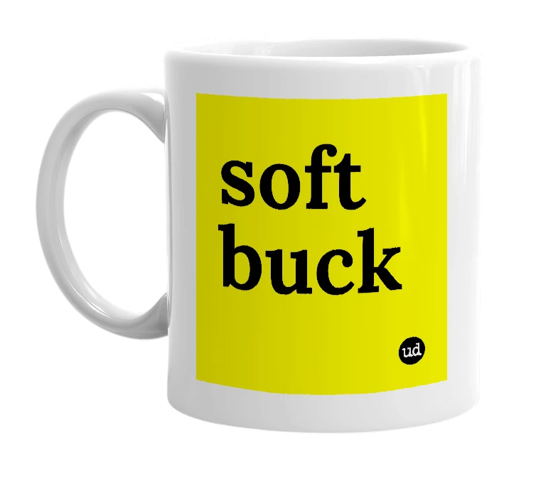 White mug with 'soft buck' in bold black letters