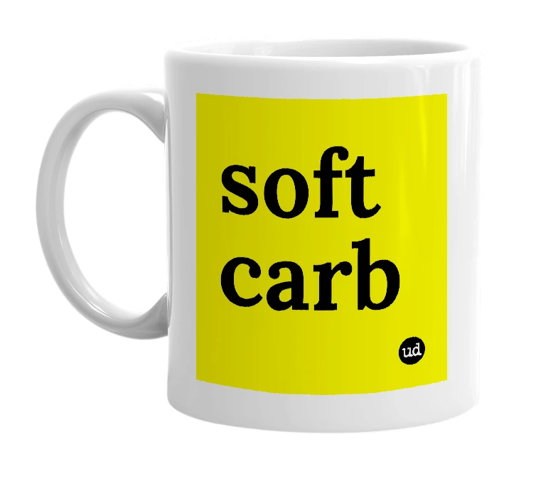 White mug with 'soft carb' in bold black letters