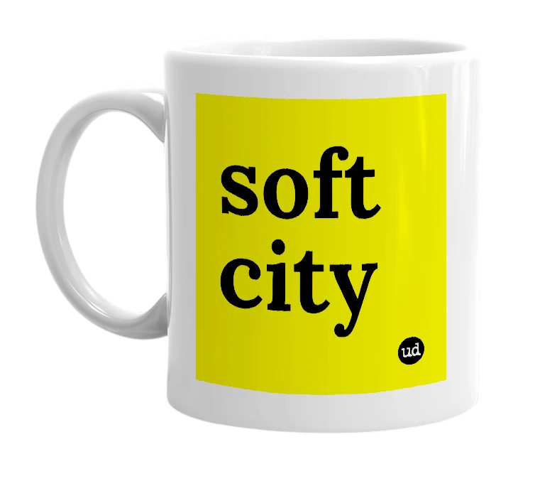 White mug with 'soft city' in bold black letters