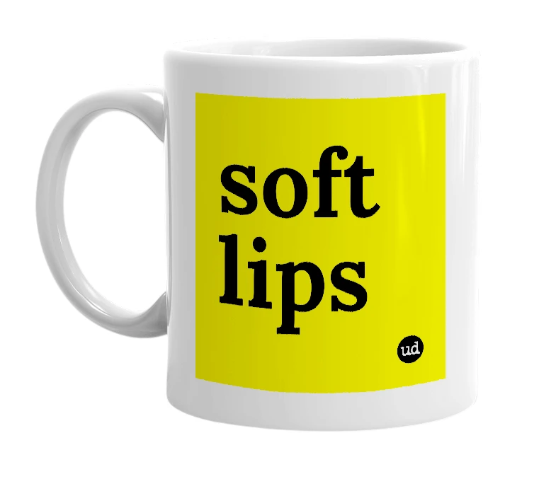 White mug with 'soft lips' in bold black letters