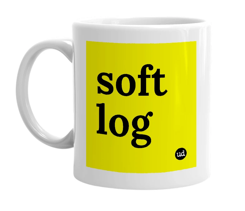 White mug with 'soft log' in bold black letters