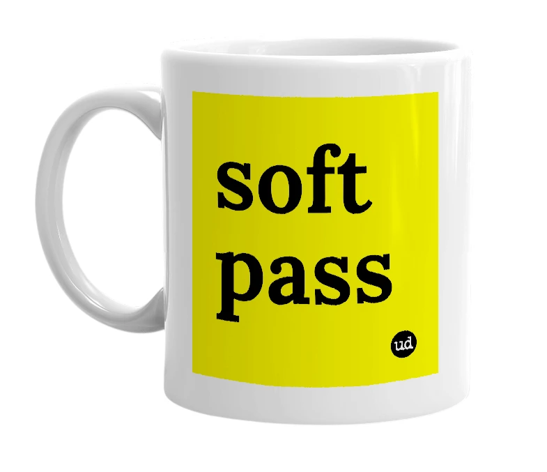 White mug with 'soft pass' in bold black letters
