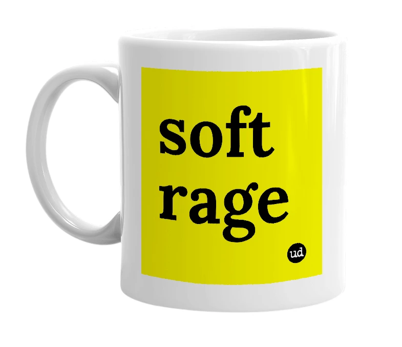 White mug with 'soft rage' in bold black letters