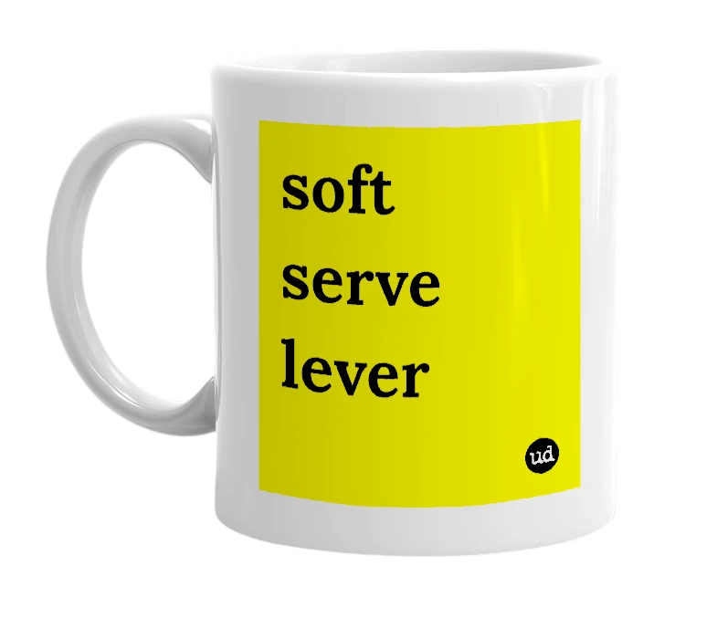 White mug with 'soft serve lever' in bold black letters