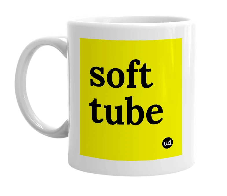 White mug with 'soft tube' in bold black letters