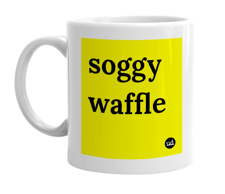 White mug with 'soggy waffle' in bold black letters