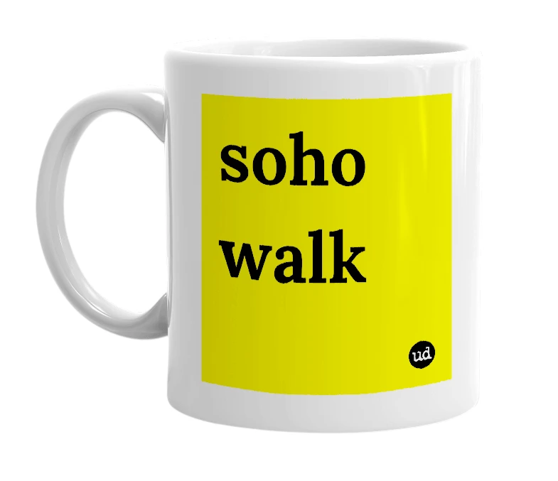 White mug with 'soho walk' in bold black letters