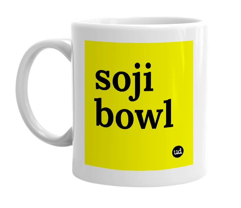 White mug with 'soji bowl' in bold black letters