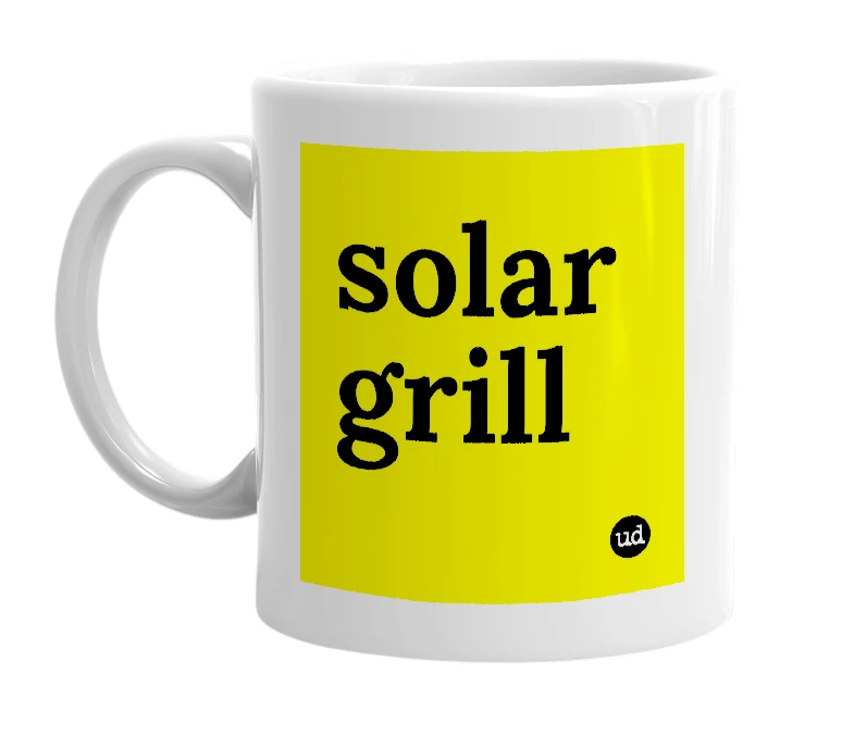 White mug with 'solar grill' in bold black letters