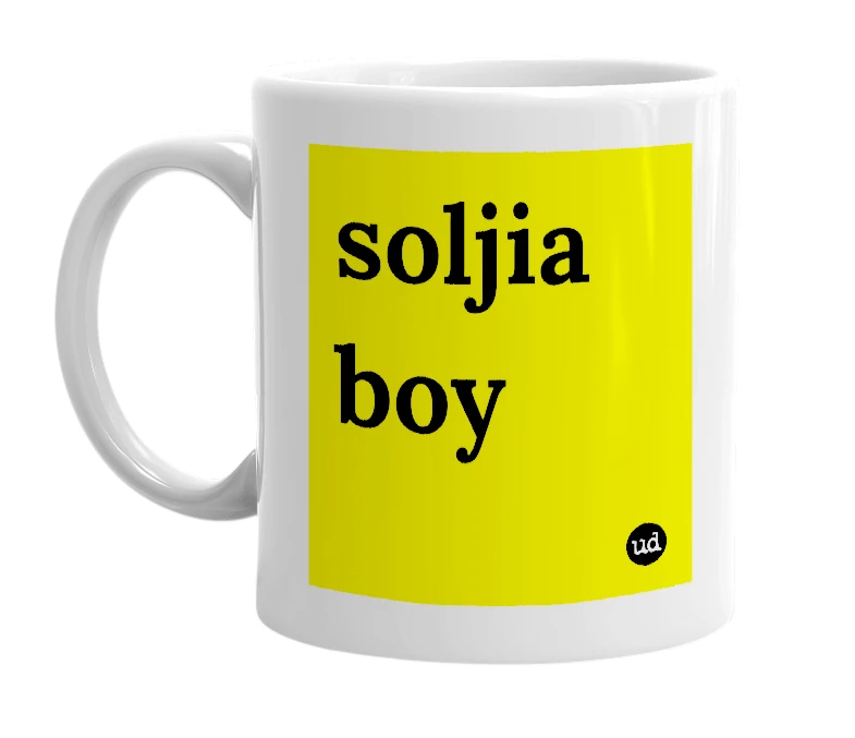 White mug with 'soljia boy' in bold black letters