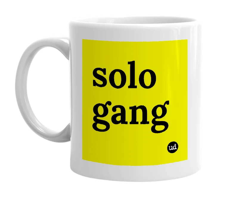 White mug with 'solo gang' in bold black letters