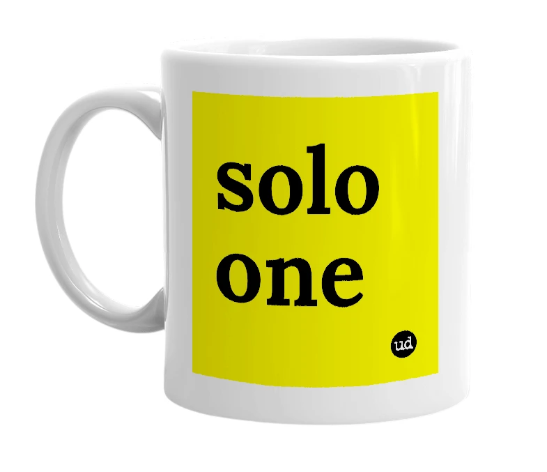 White mug with 'solo one' in bold black letters